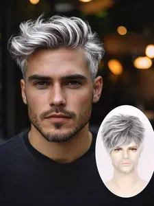 Men's Short Silver Color Wig, Natural Layered Synthetic Straight Hair, Perfect for Daily Wear & Halloween Costumes, Stylish Look for Guys, Synthetic Wigs
