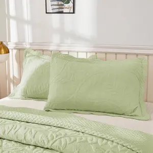 2Pcs 100% Cotton legant Quilted Pillow Shams with Embossed Leaf Pattern, Scalloped Hem Decorative Pillowcases, Luxury Cotton Pillow Covers, Modern Farmhouse Bedding Accent