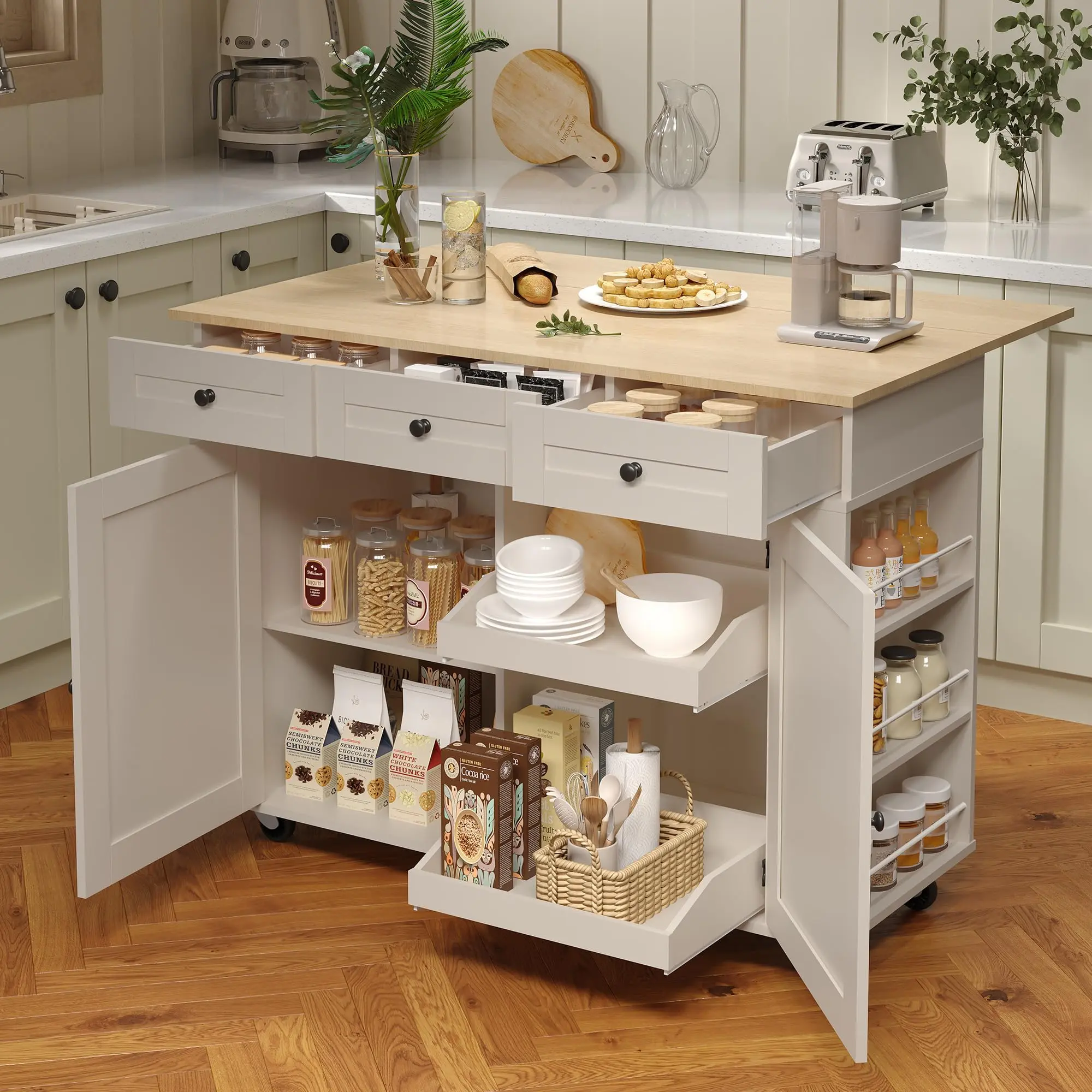 Garvee Rolling Kitchen Island with Drop Leaf Countertop, Charging Station & Ample Storage - 47.2 in Mobile Kitchen Cart On Wheels with Pull-Out Shelves, Drawers, Spice Rack & Organizer Divider