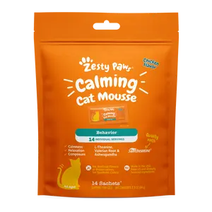 Zesty Paws Calming Cat Mousse - 14 Sachets per Bag with Suntheanine for Calmness Relaxation and Composure in Chicken Flavor Treats Supplements