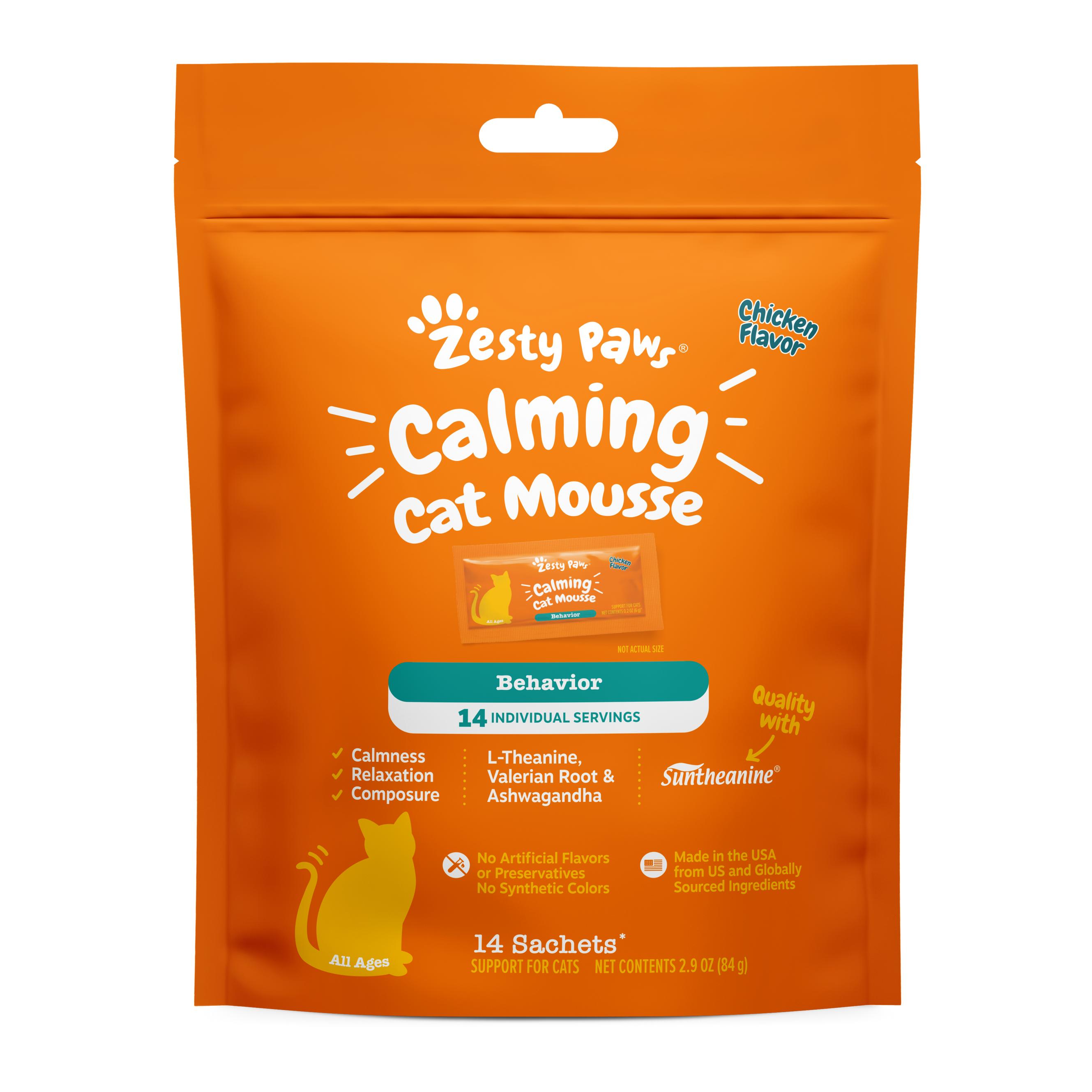 Zesty Paws Calming Cat Mousse - 14 Sachets per Bag with Suntheanine for Calmness Relaxation and Composure in Chicken Flavor Treats Supplements