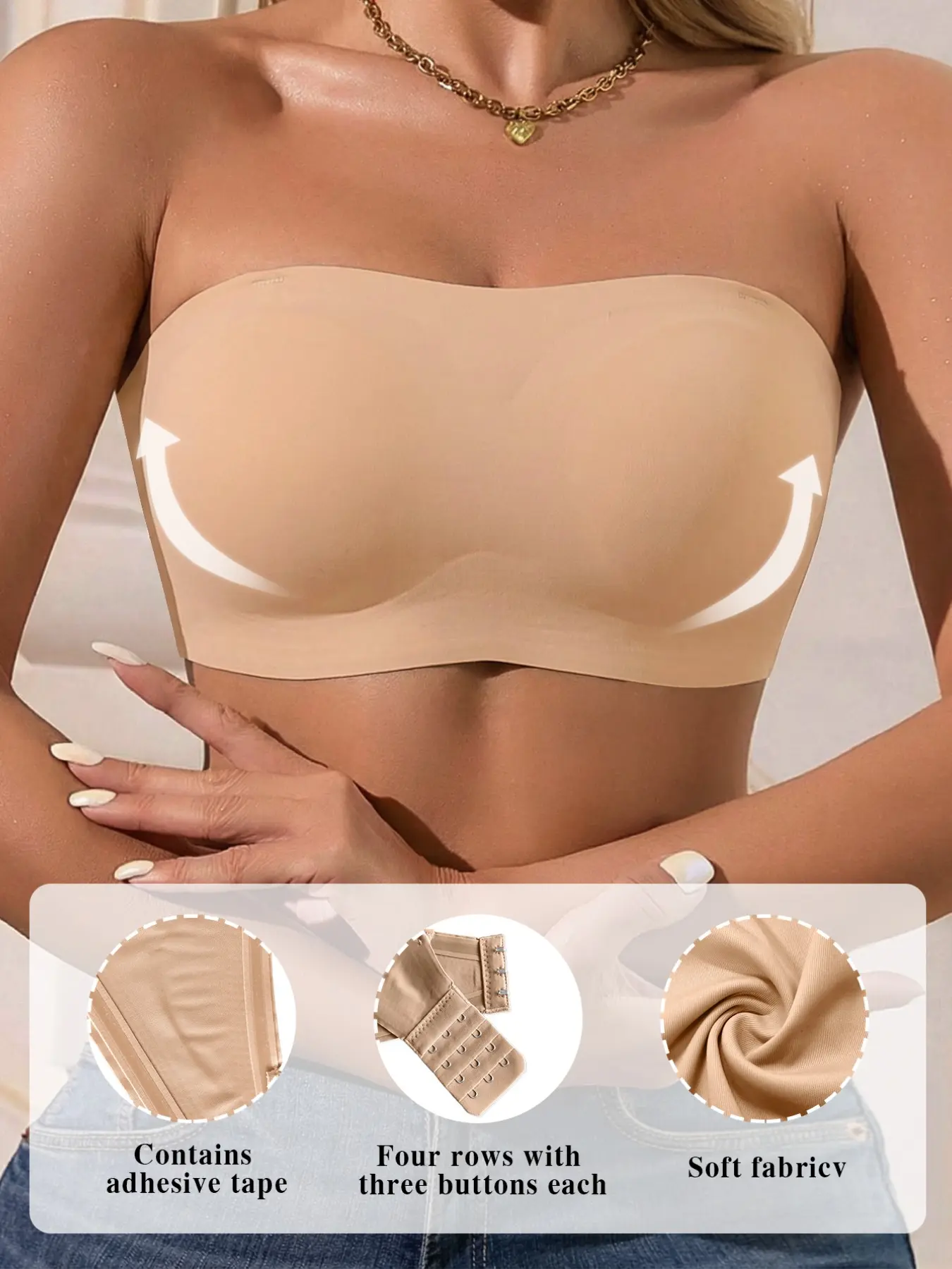 Seamless Wireless Strapless Bandeau Bra, Adjustable, Full Anti-Slip Silicone Grips Inside, Multi-Row Back Hooks For Custom Fit, Invisible Under Backless & Off-Shoulder Dresses, Adjustable Bras