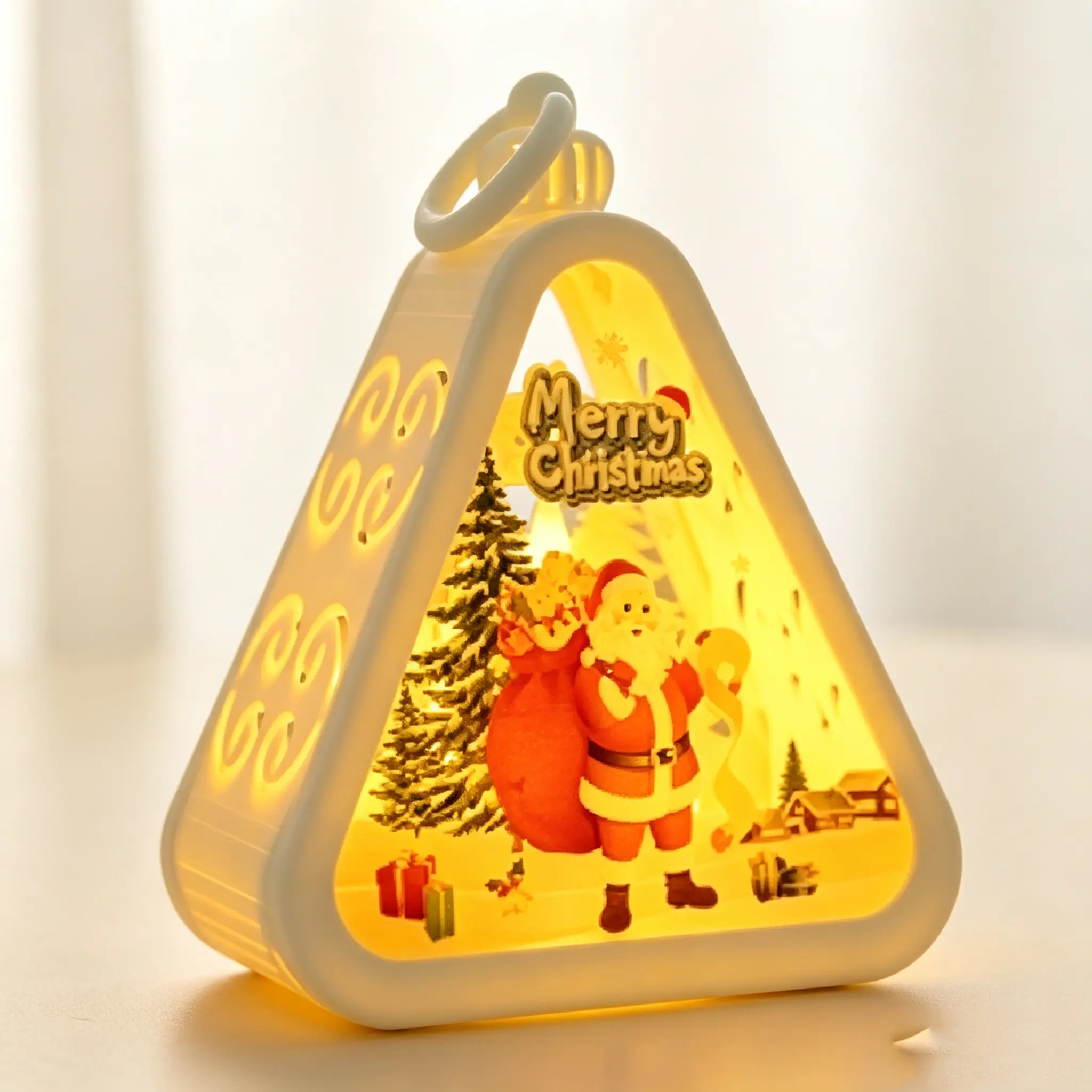 Vintage Warm LED Christmas Santa Triangle Lantern Nightlight Lamp, Lightweight Compact Plastic Glass Hollow Carved Wind Lamp, Festive Tabletop Home Party Decoration & Holiday Gift