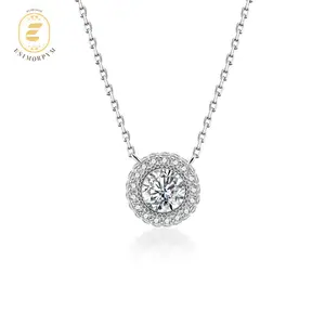 Moissanite 0.8ct Luminous Halo Solitaire Pendant Necklace Silver-Plated Copper Chain Elegant Jewelry for Wedding Engagement Anniversary Daily Wear Gift