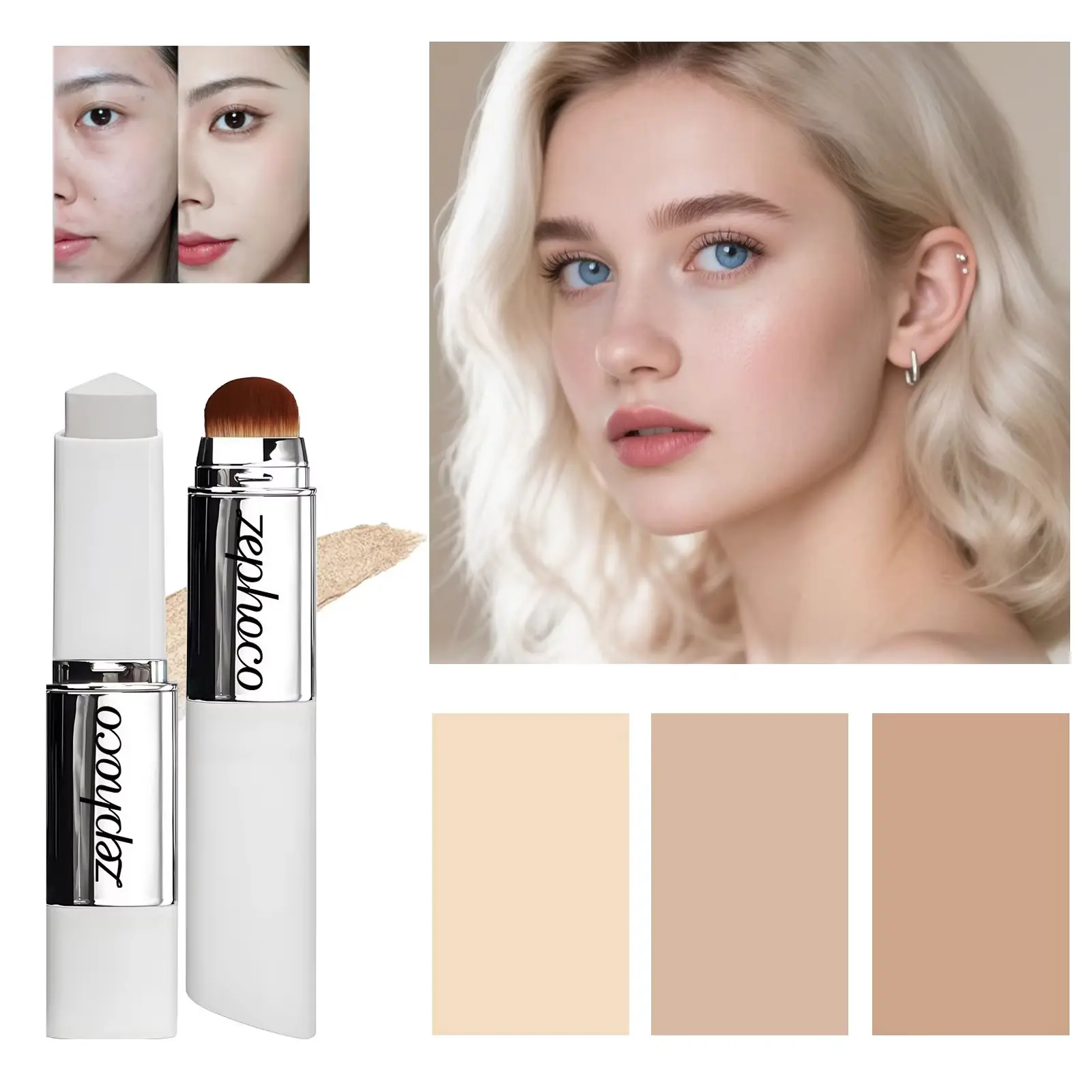 2-in-1 Color-Changing Foundation Stick - Creamy Smooth Texture, Moisturizing, Lightweight, Matte Finish, Waterproof, Long-Lasting, Detachable Brush, Natural, Smooth, For All Skin Types, Easy to Blend, Moisturize