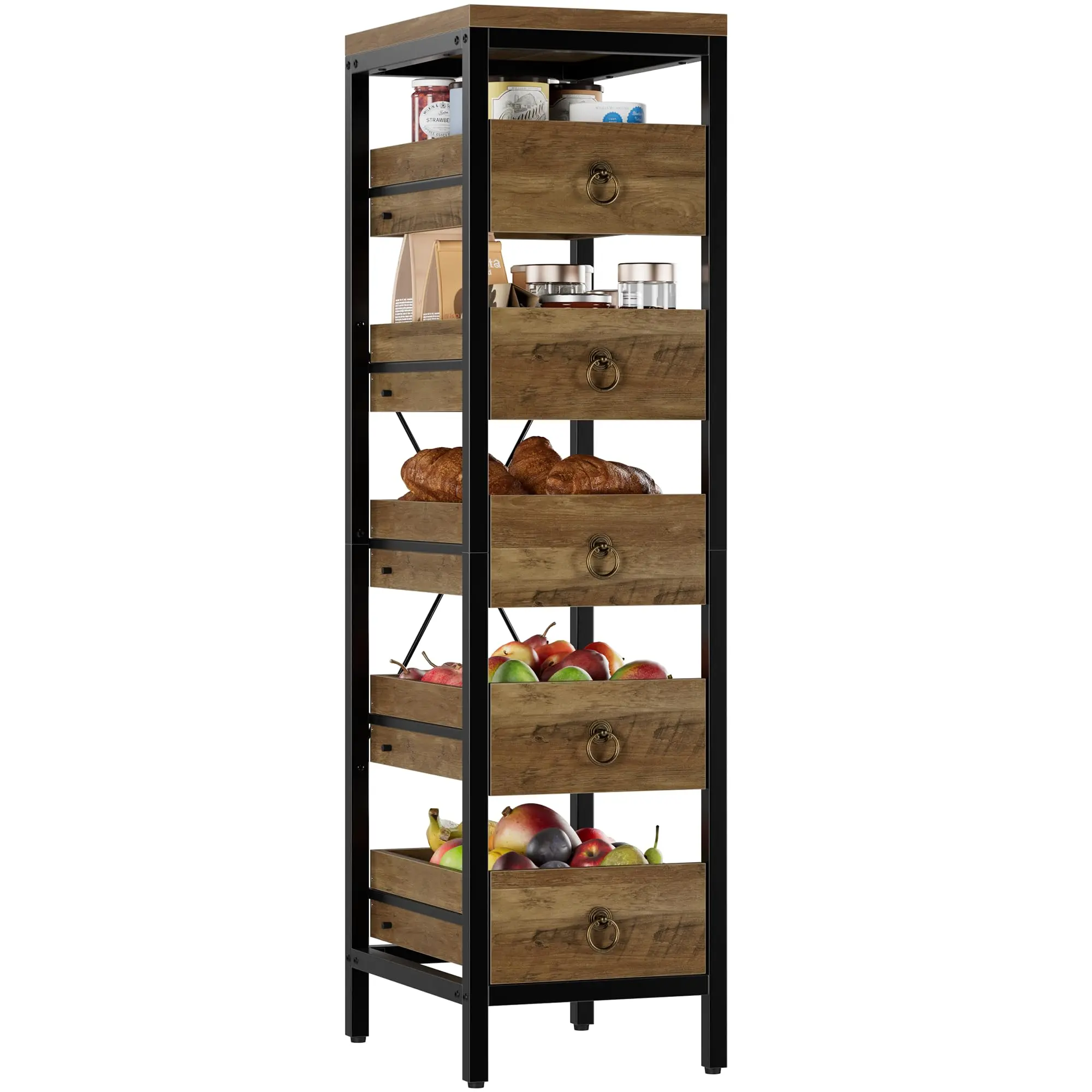 Slim 5-Level Metal Snack Fruit Display Storage Rack with Sliding Basket Drawers, Narrow Space Organizer Shelf Cabinet for Kitchen, Pantry, Bathroom, and Home Use