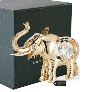 24K Gold Plated Crystal Studded Baby Elephant Ornament Home Decorative Animal Figurine Tabletop Showpiece for Living Room Bedroom Gift for Mother's Day Christmas Birthday New Year Anniversary Holiday Porcelain