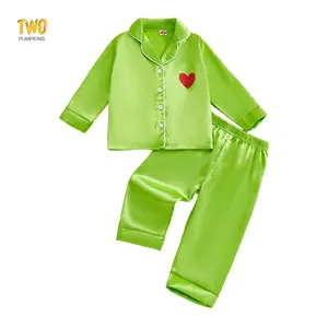 Christmas Kid Satin Pajamas Set Heart Print Long Sleeve Lapel Button Down Tops with Pants Sleepwear