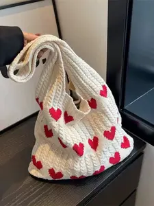 Heart Pattern Colorblock Crochet Handbag, Large Capacity Fashion Beach Bag, Multifunctional Commuter Bag, Perfect Valentine's Gift, Handbag Shoulder Purse