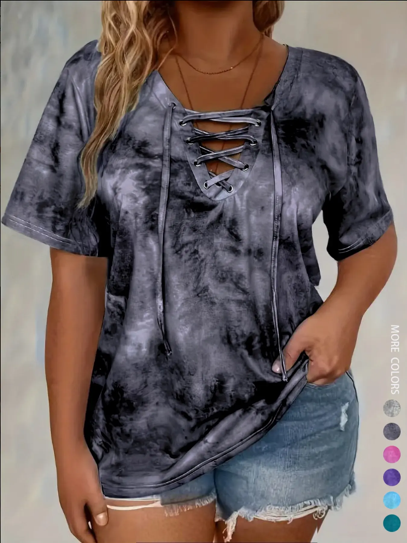 Women's Plus Size Tie Front V-Neck T-Shirt, Casual Stylish Tee, Casual Pattern Fitted Top, Comfortable Stretch Fabric Womenswear, Perfect for Daily Wear & Gifts, Everyday, Casual Streetwear Top