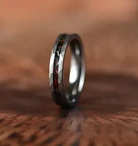 Grey Hammered Tungsten Dinosaur Bone and Meteorite Women's Wedding Band 4MM