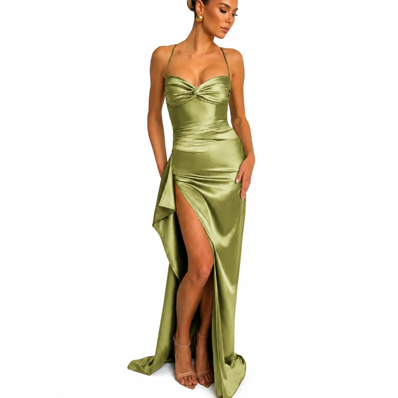 Women's Satin Backless Maxi Dress - Ruched High Slit Bodycon Evening Gown with a Twist Front for Formal Prom and Wedding Guest Parties, Full-Length, Ruched Slits, Sleeveless
