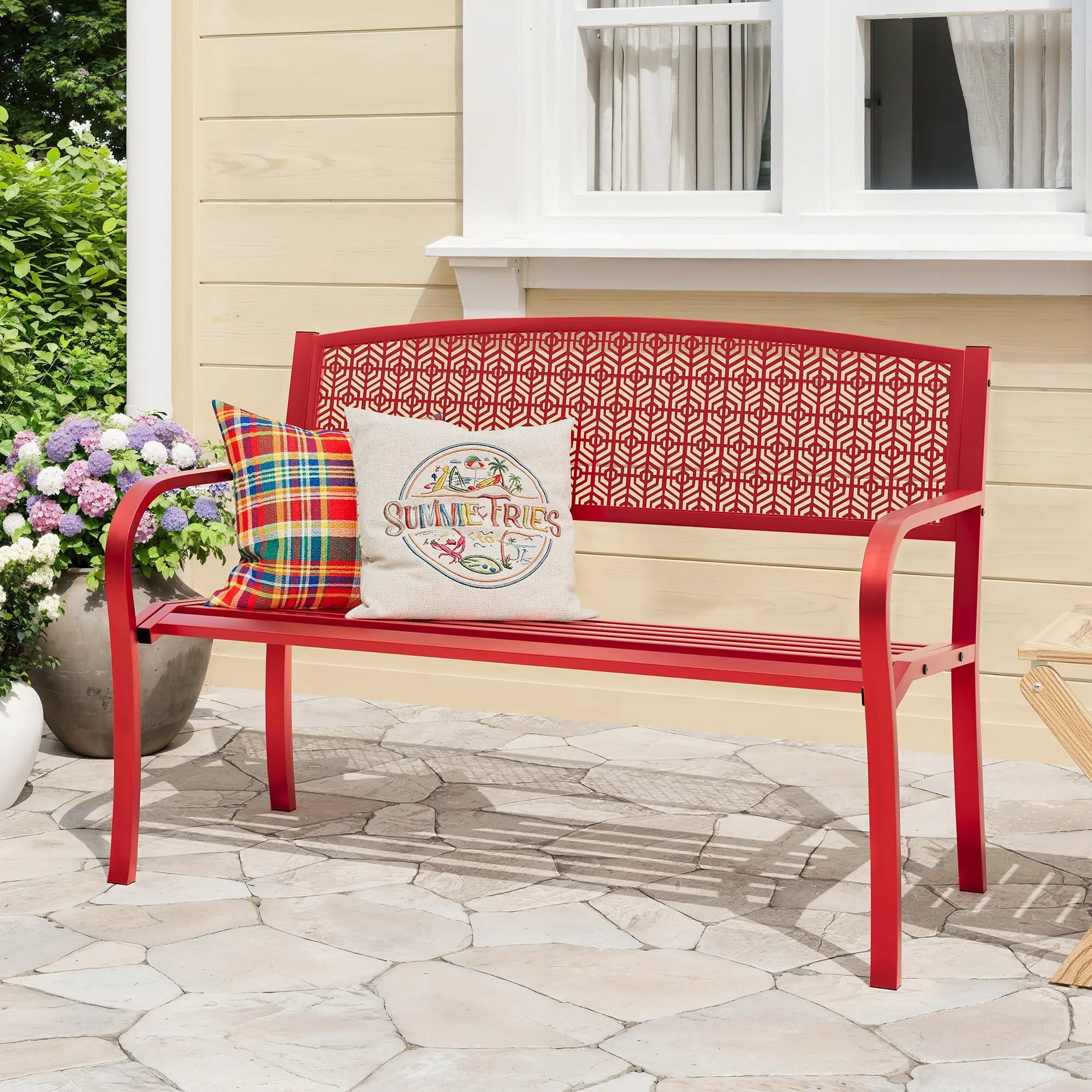 50" Outdoor Metal Garden Bench, Patio Steel Bench with Curved Backrest, Decorative Pattern, Weather-Resistant Porch Bench for Yard, Park, Deck, Backyard