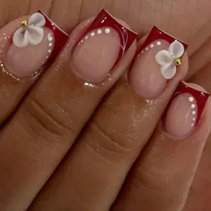 10pcs Stylish Acrylic Fake Nails, Romantic Style White Flowers+Red French Edge Press On Nails, White Polka Dot+Small Gold Bead Square Nails, Red French Edge Design, White Flowers+Small Gold Bead Embellishment, Exquisite Romantic