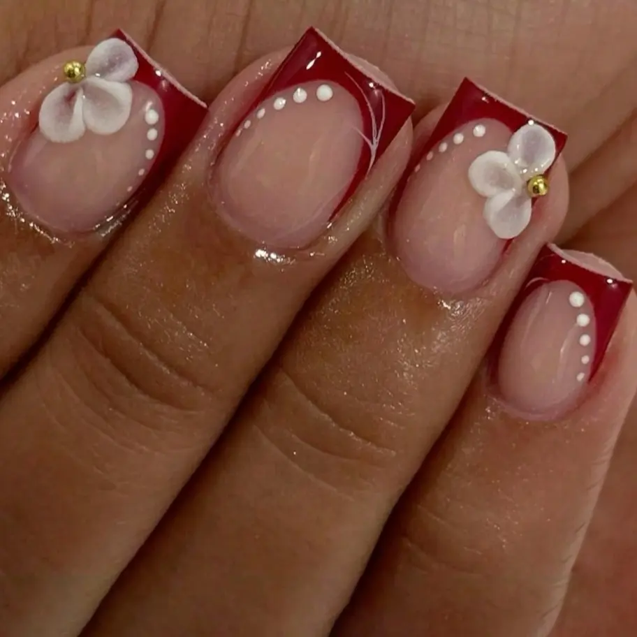 10pcs Stylish Acrylic Fake Nails, Decorative Nails, Romantic Style White Flowers+Red French Edge Press On Nails, White Polka Dot+Small Gold Bead Square Nails, Red French Edge Design, White Flowers+Small Gold Bead Embellishment, Exquisite Romantic