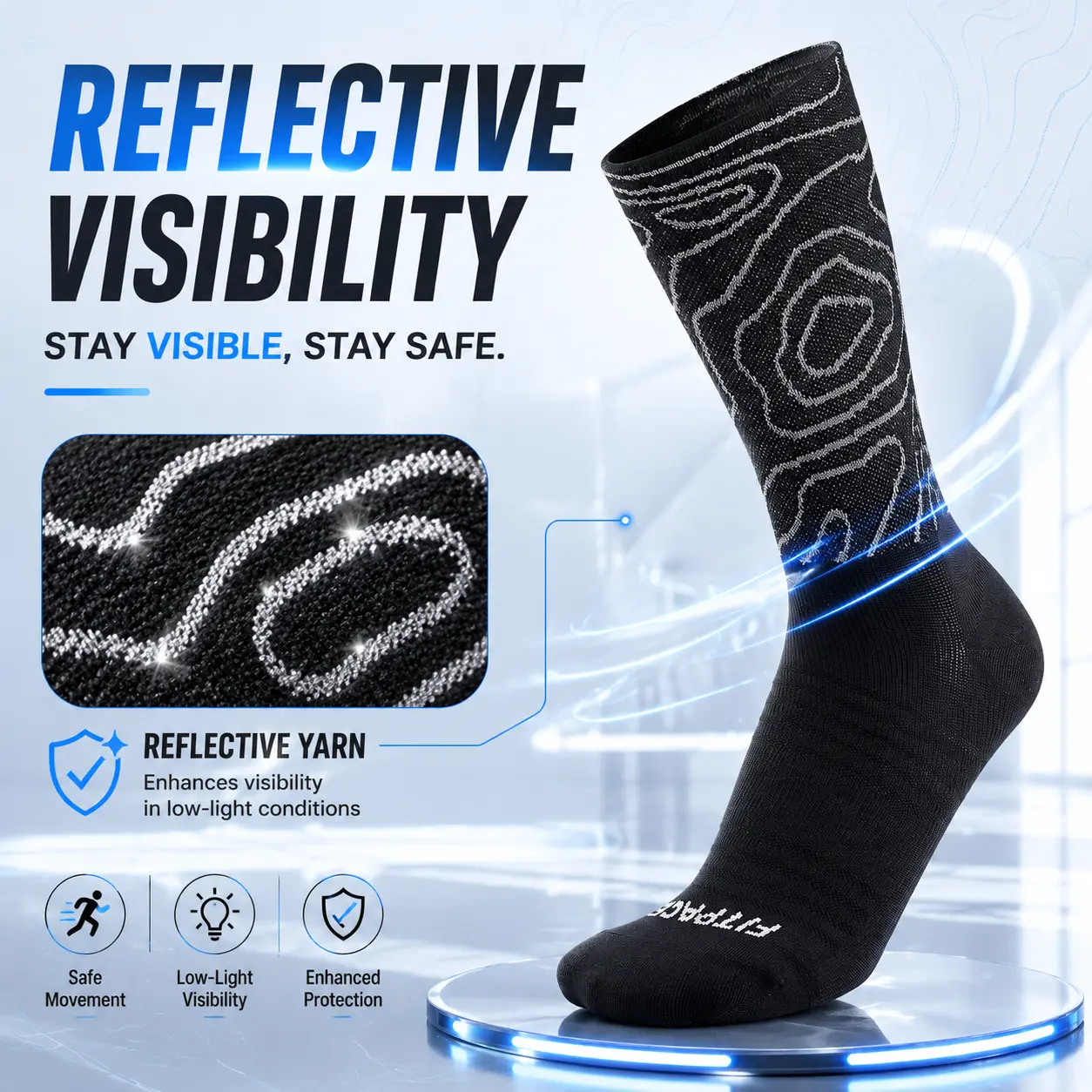 FITPACE Men's Reflective Anti-Sweat Mid-Calf Socks, All-Seasons Active Casual Socks with Moisture-Wicking, Arch Support, Cushioned Heel & Toe, Secure Performance Fit, Gym Training, Athletic Socks