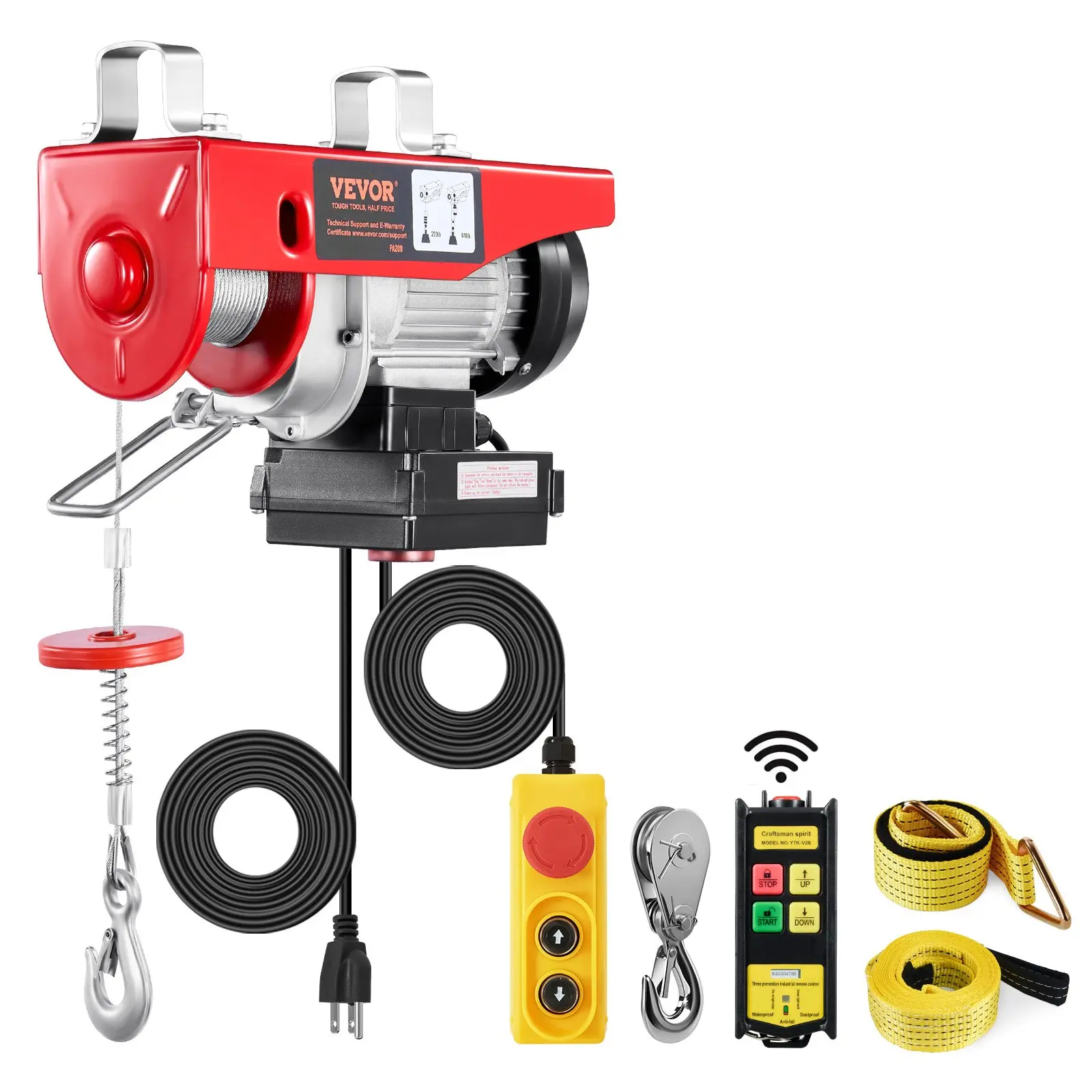 【Summerfinds】VEVOR Electric Hoist, 440 lbs 120V Electric Winch with 328 ft Wireless & 14 ft Wired Remote Control, 40 ft Single Cable Lifting Height, Single/Double Slings, Lift Hoist for Garage Warehouse Factory Durable Nylon Rope Rigging Rope