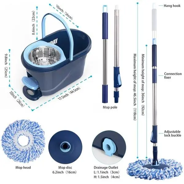 Spin Mop and Bucket+Pole System with Hands-Free Wringer Set, 130cm, for Indoor Floor Cleaning – Ideal for Home Users
