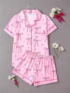 Women's Bow Print Short Sleeve Tee & Shorts Pyjama Set, Comfy Button Up Top & Elastic Waist Shorts Set, Ladies Sleepwear for All Seasons, Loungewear, Sleepwear Pajamas Set, Matching Pj Set, Summer Sleepwear