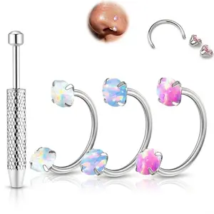 3pcs Value Pack 20G 8mm Opal Horseshoe Nose Hoop Internally Threaded Opal Nose Ring（Holder Included）
