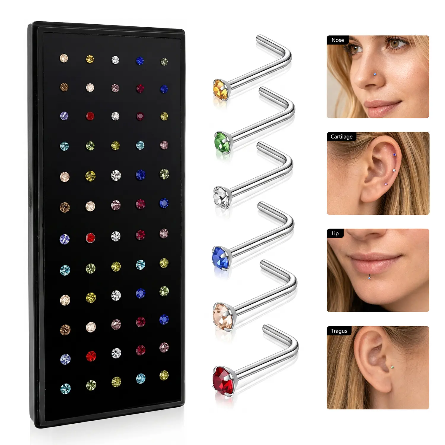 YLNWH Hypoallergenic Nose Stud Set, 60-Piece 316L Stainless Steel and CZ Body Jewelry, L-Shaped Screw Piercings Body Jewelry, Multiple Gauges Available