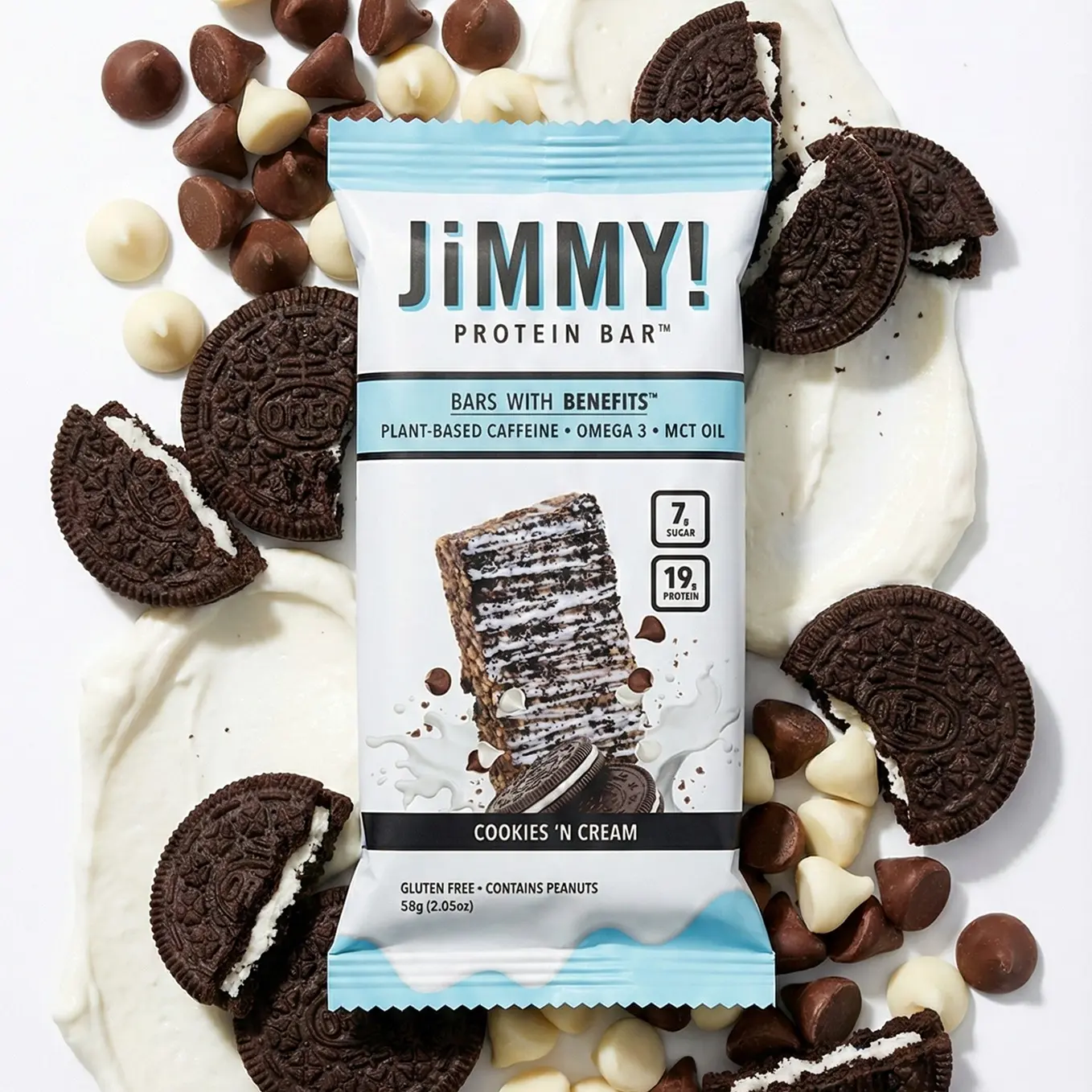 JiMMYBAR! Cookies 'n Cream Protein Bar - 19g Protein, 7g Sugar, Plant-Based Caffeine, Gluten-Free, 12 Count Box, High-Protein Peanut Chocolate Snack, Omega-3s & MCT Oil, Homemade original Oreo taste, summer wins, Healthy Protein Snack, Snack Bars