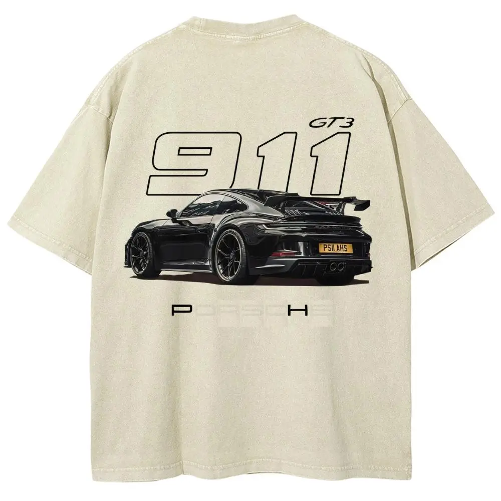 Men's 911 GT3 Racing Graphic T-Shirt, Round Neck Streetwear Tee in Super Soft Washed Cotton, Casual Mens Clothing, Gifts for Boyfriend, Tops, Menswear