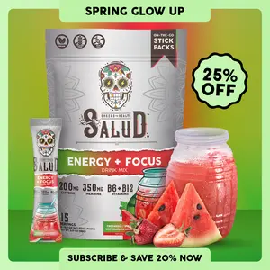 Salud 2-in-1 Energy Drink Powder + Focus – Fresandía Flavor – with Organic Caffeine, B6 & B12, L-Theanine & Threonine - 200mg & 350mg, 350 Servings (15), Vegan & Gluten Free - Healthcare, Dietary
