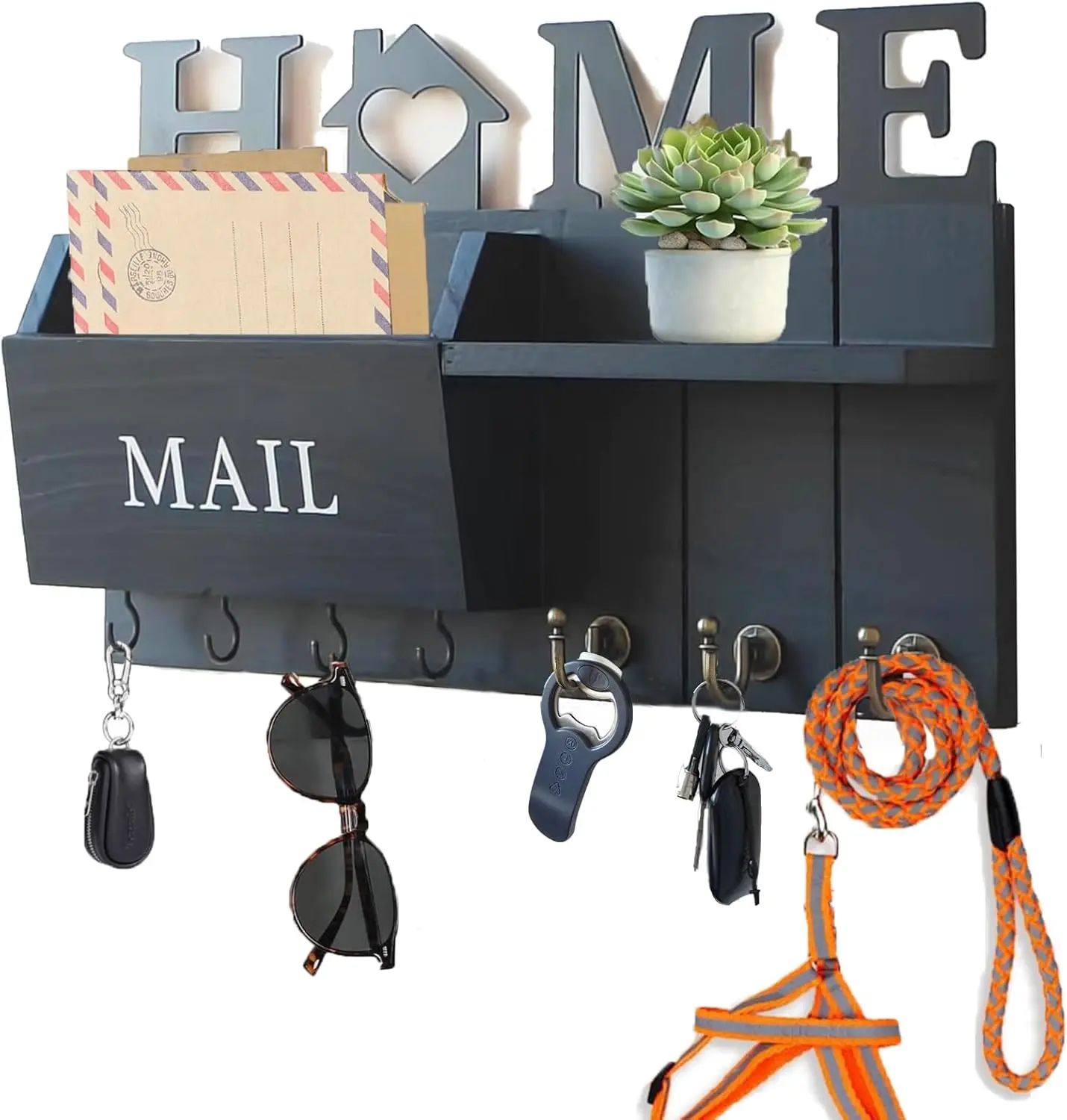 Wooden Key Holder Wall Mount with 3 Slot Mail Sorter, Farmhouse Mail and Key Organizer with 7 Hooks, Decorative Hanging Key Rack for Coat Letter  Leash Entryway Living Room