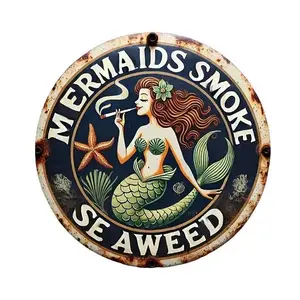 1pc 8x8in Vintage Tin Nautical Mermaid Metal Sign, Round Wall Art Plaque with Smoke Seaweed Design, Home Decor Gift for Bar, Garage (Set Option Available)