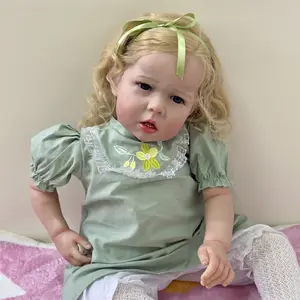 28Inch Reborn Toddler Doll Vinyl Limbs Soft Cloth Body Curly Blonde Hair Liam Girl Lifelike Cuddy Toddler Doll Child Toy Gift for Age 3+