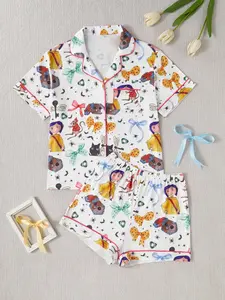 Women's Cartoon Printed Sleepwear Set, Button-Down Short Sleeve Top & Loose Comfortable Shorts, Soft Casual Pajamas Pyjamas for Home Relaxation Pjs