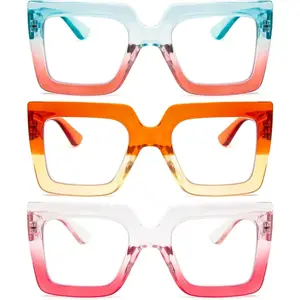 3 Pack Oversized Reading Glasses for Women Large Frame Extra Wide, Blue Light Blocking Stylish Thick Square Readers