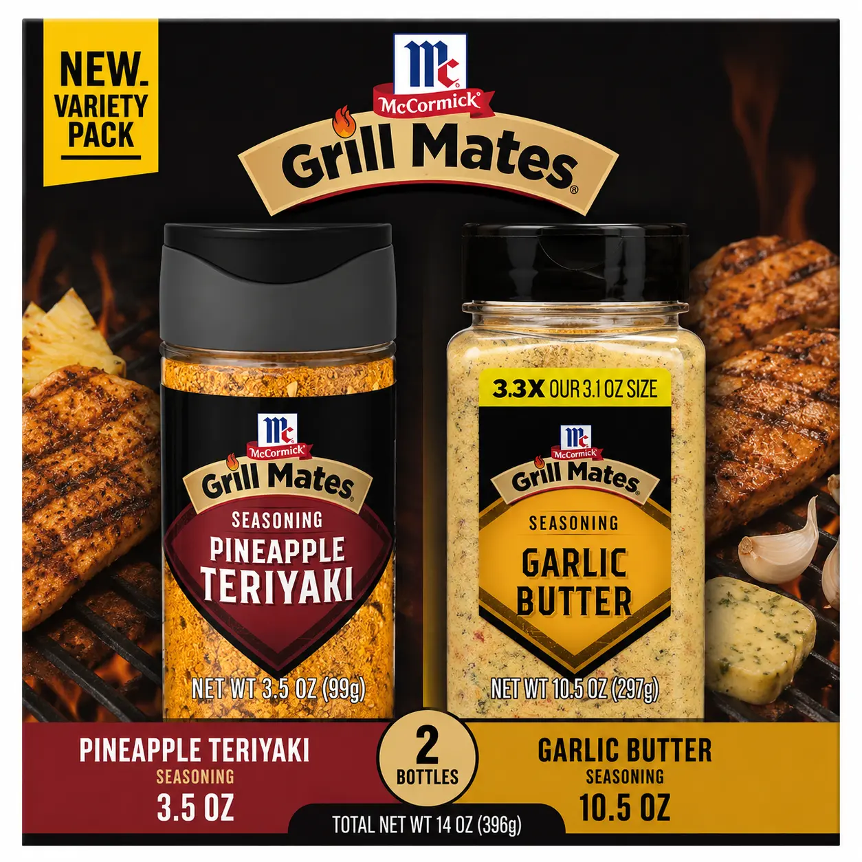 McCormick Grill Mates Variety Pack – Pineapple Teriyaki & Garlic Butter Seasonings, 2 Bottles (3.5 oz & 10.5 oz), BBQ & Grilling Spice Blend