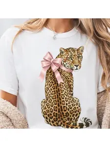 Pink leopard print top with bow, comfortable colored T-shirt, retro animal print.