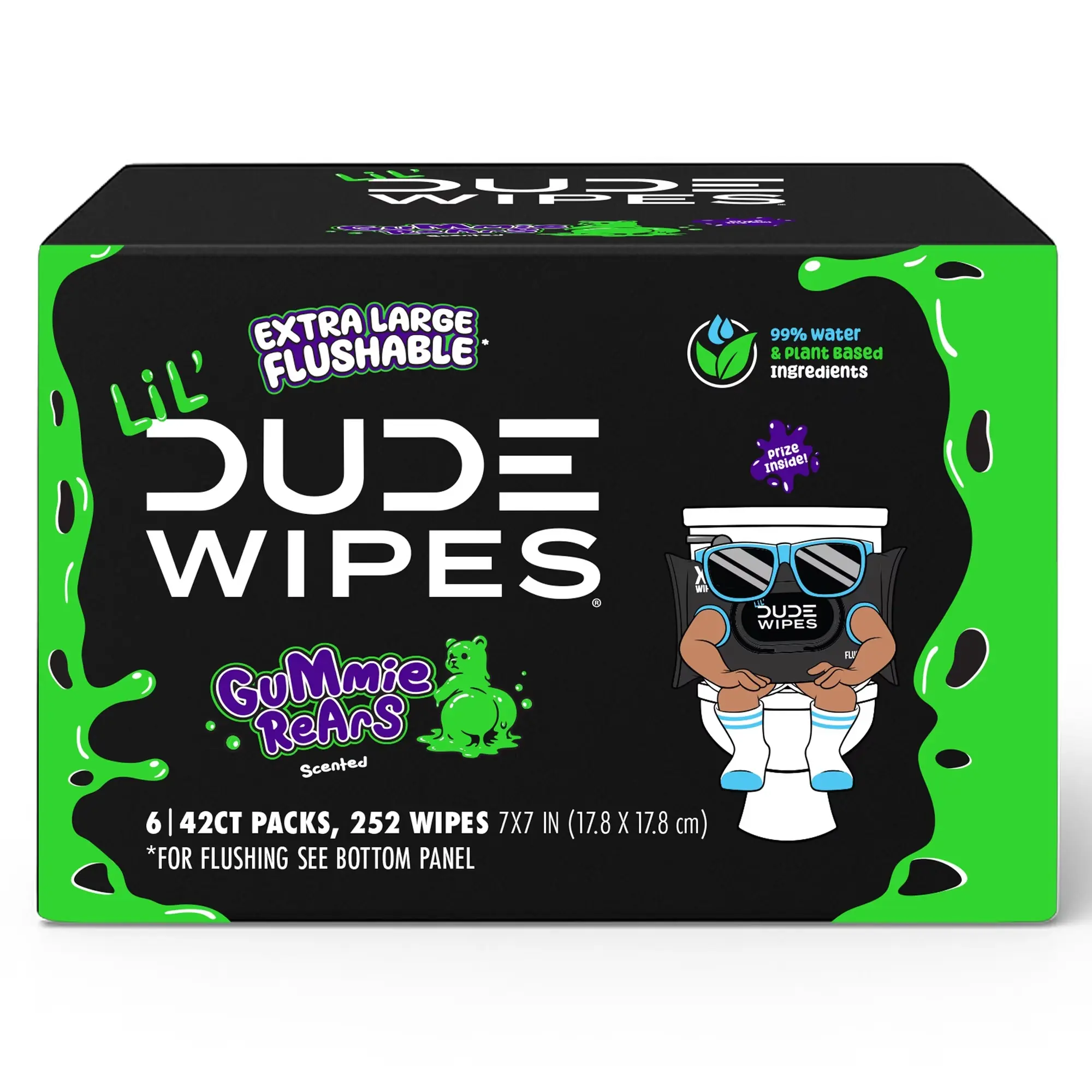 DUDE Flushable Wipes, Extra Large Gummie Rears Wet Wipes, Gummy Bear Scent, 42 Count, 6 Pack Toilet