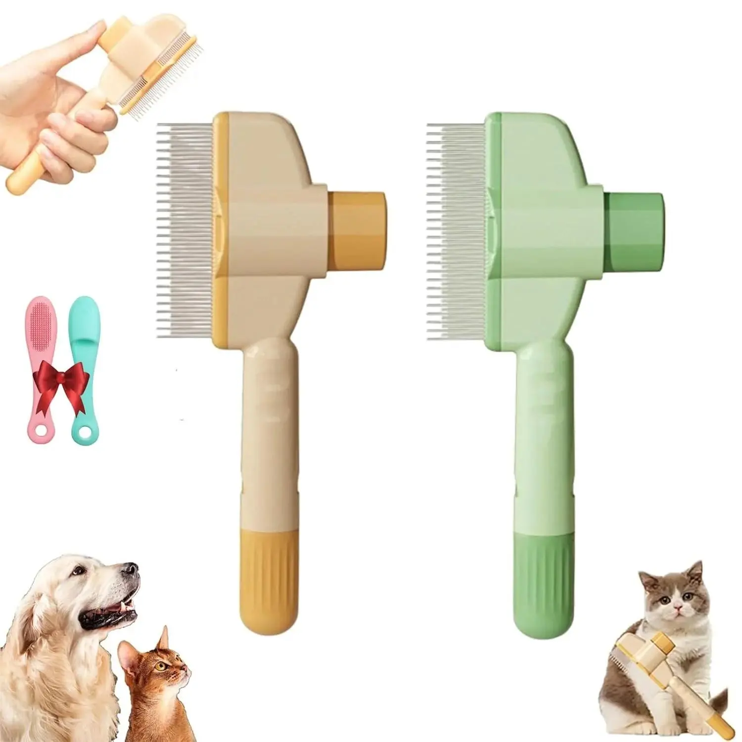 2pcs Self-Cleaning Pet Comb for Dogs & Cats - Dual-Length Stainless Steel Teeth for Shedding, Tangles & Flea Removal | Easy-Clean Grooming Tool for Long & Short Hair, Ideal for Cats, Dogs & Small Pets Pet Grooming Brush