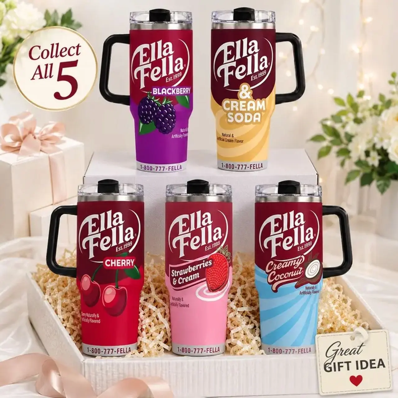 Ella Fella Fruit Flavor Graphic Tumbler Collection – 20oz, 30oz & 40oz Reusable Insulated Travel Mug with Handle & Lid, Blackberry, Cream Soda, Cherry, Strawberry & Coconut Designs #330