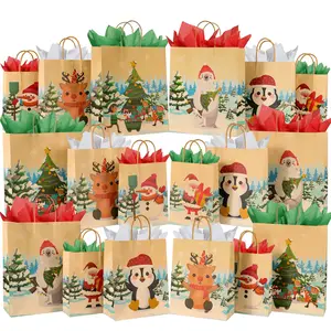 18 Pack Christmas Kraft Gift Bags with Tissue Papers for Holiday Paper Gift Bags, Christmas Goody Bags, Xmas Gift Bags(6 styles)