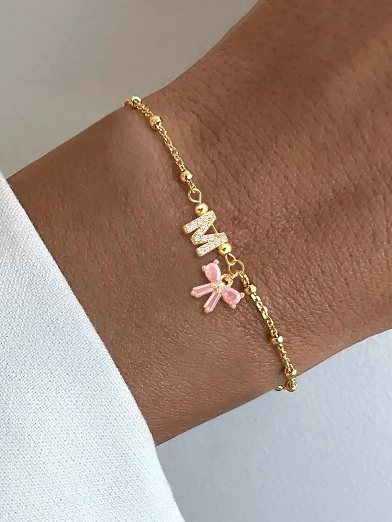 Women's Letter Pendant Artificial Crystal Bow Pendant Bracelet, Stainless Steel Chain Design, Casual Style Jewelry Accessory for All Occasions, Bracelet with Pendant, Pretty Bracelet, Beautiful Bracelets