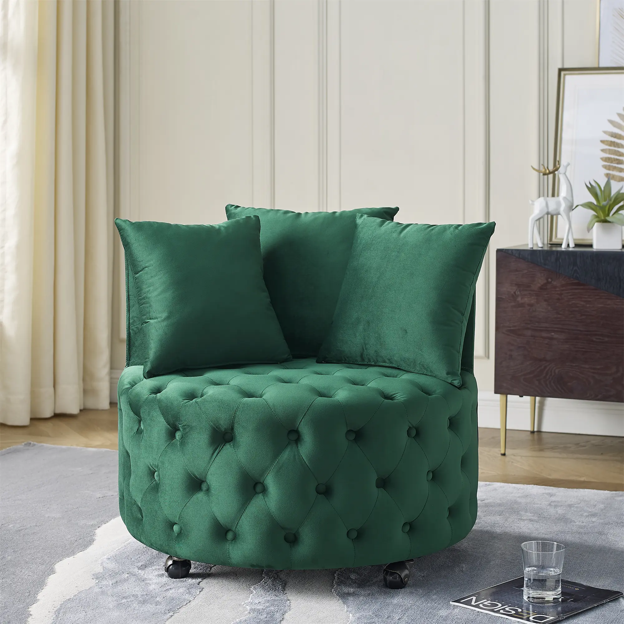 [Fahuac] Velvet Tufted Armchair with Caster Wheels - 26x30x30in Modern Glam Accent Chair, Multi-Density Cushioning Foam, Button Tufting, Rolling Wheels, Luxury Vanity Chair for Living Room Bedroom Dressing Room., Vanity Chairs, Compact