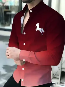 Wine Red Gradient White Horse Printed Men's Sports Shirt