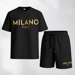 Men's Spring And Summer Golden Milano Print With Red And Black Line Checkered Fabric Drawstring Shorts Set, Casual Summer Outfit With Short-Sleeved Shirt And Shorts, Ideal For Everyday Wear And Sports Activities