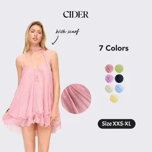 Cider V-Neck Halter Ruffled Hem Tulle Glitter Mini Dress Casual Wear Sexy Glamorous Women's Party Clubbing Festival Gown, Oversized Loose Fit Bounce Sundress with Scarf for Summer SummerWins Dealsforyou