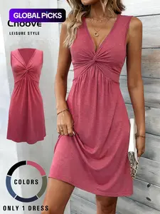 Women's Casual Chic Sleeveless Short Dress, Cross Neck, Twist Design, Ruched A-Line Hem, Slim Fit, Soft Lightweight Fabric, All Seasons Wear, Summer