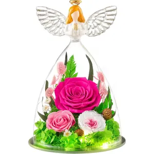 Gifts for Women Preserved Roses for Valentines Day in Glass Angel Figurine Real Colorful Roses Forever  Birthday Gifts for Her Grandma Sister Daughter Wife, Hot