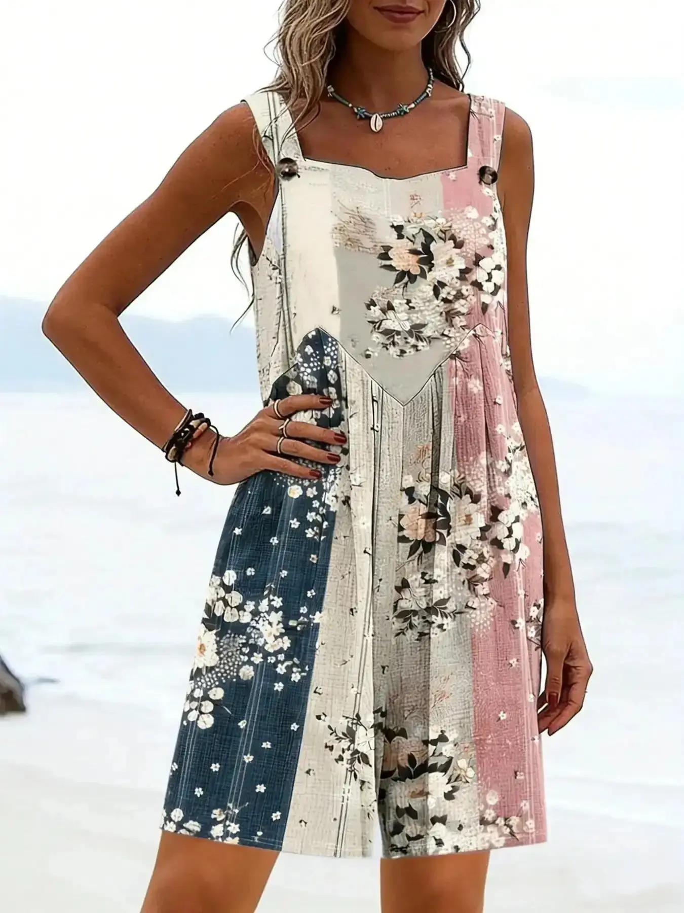 Chic Patchwork Floral Overalls Romper Printed Style, Bohemian Dungarees, Plus Size Casual Sleeveless Loose Fit Jumpsuit, Lightweight Breathable Fabric, Y2K Clothes Summer Vacation Outfits, Beach Daily Wear, Comfortable