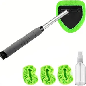 Windshield Cleaner Tool – Car Interior Window Cleaning Kit with Extendable Handle & 3 Microfiber Pads, Auto Wiper Inside Windshield Brush for Car & Home Windows, Car Cleaning Supplies