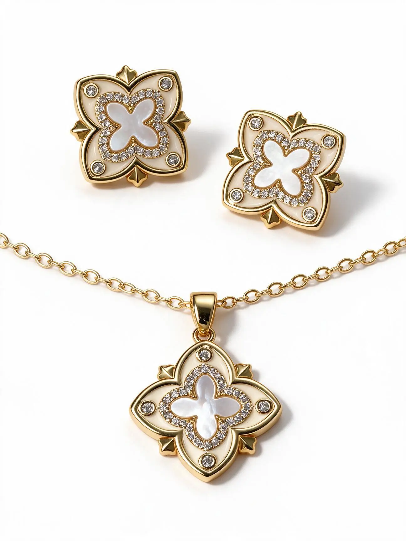 Lucky Four Leaf Clover Jewelry Set for Women - Mother of Pearl Pendant Necklace & Stud Earrings with Pave Cubic Zirconia,18K Gold Plated,Hypoallergenic Dainty Jewelry for Daily Wear Birthday Gift