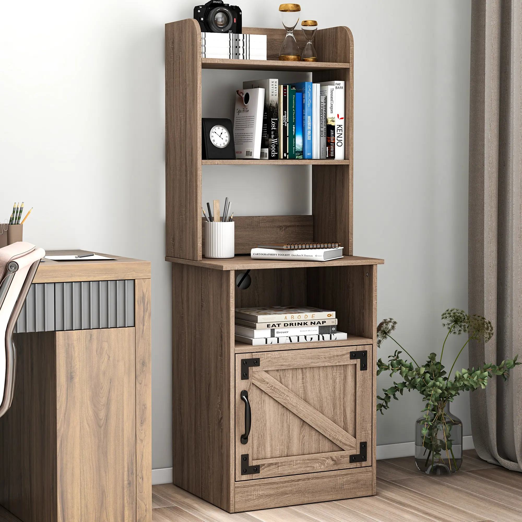 Topwin Industrial Wooden Tall Nightstand - 47" Modern Bedside End Table with Charging Station, Open Bookshelf, Storage Cabinet for Bedroom Indoor Furniture, Industrial Wooden Table